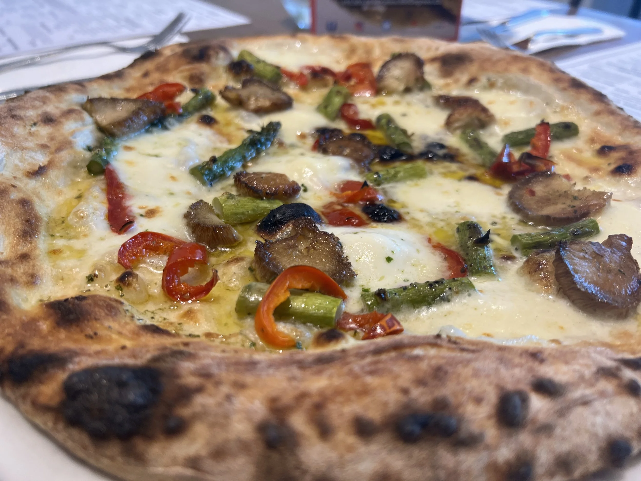 Close-up of a pizza with a golden, slightly charred crust, topped with cheese, green and red peppers, mushrooms, and pieces of sausage.