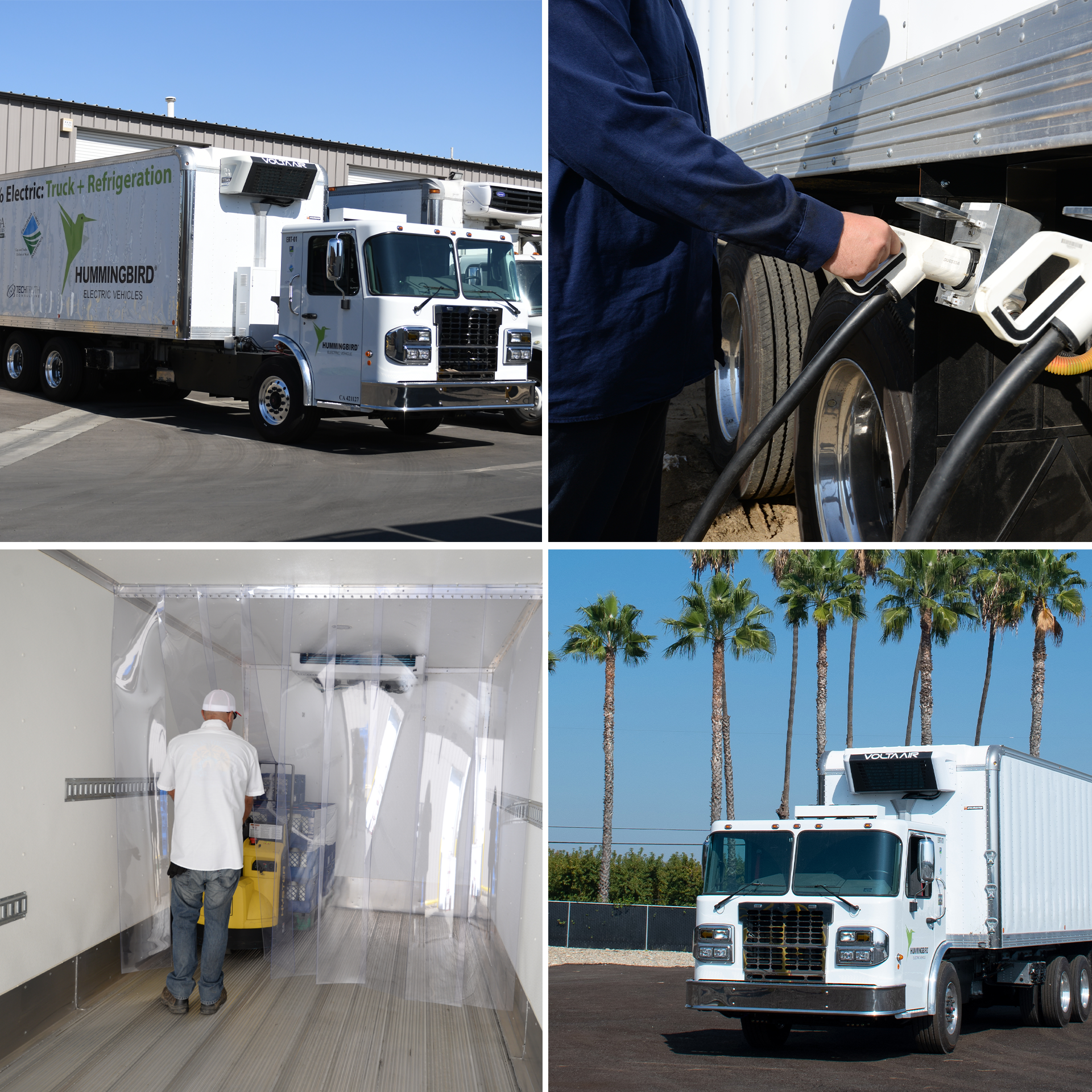 HummingbirdEV’s all-electric big rigs equipped with eTRUs being used in Ag industry showcasing net-zero emissions in Central Valley, California.
