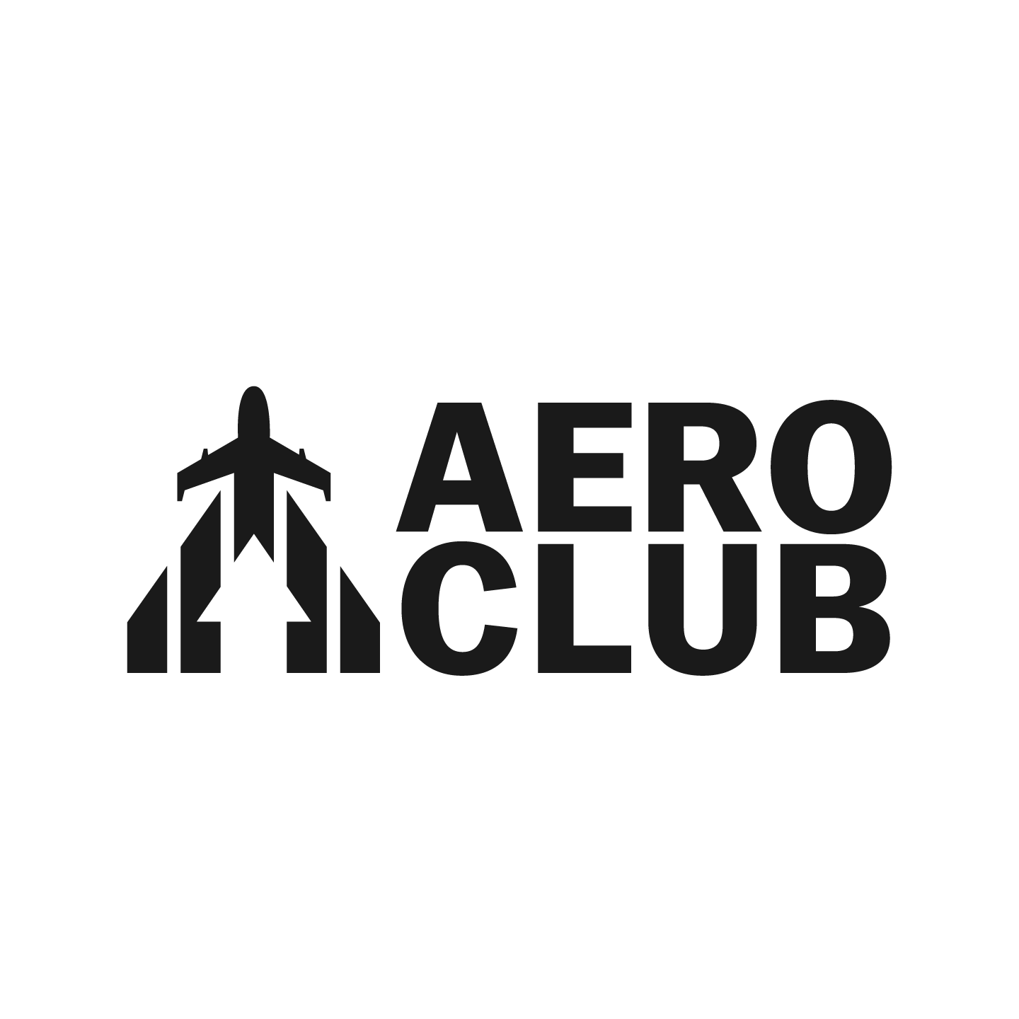 Black and white logo with an airplane icon pointing forward, with the words 'Aero Club' beside it.