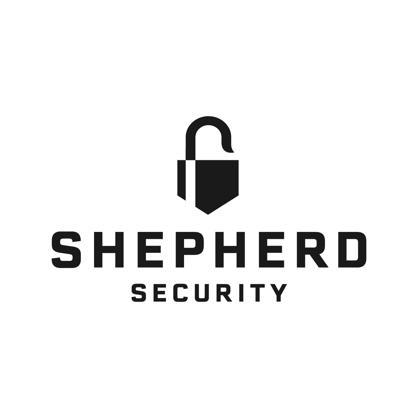 Black and white logo for Shepherd Security featuring a stylized open padlock with the company name below.