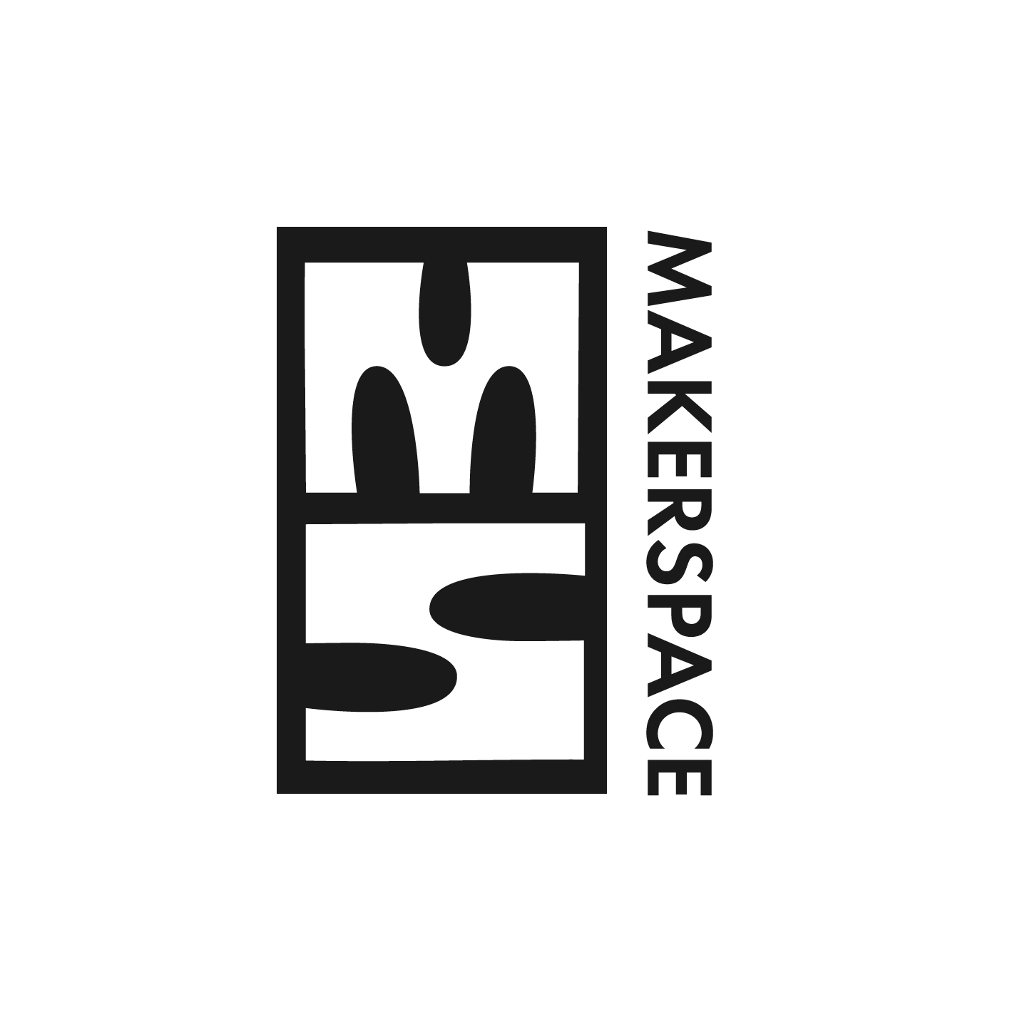 Black and white logo with stylized depiction of a shoe making the shape of the word "SHOE" with the text "MAKERSPACE" vertically aligned to the right.