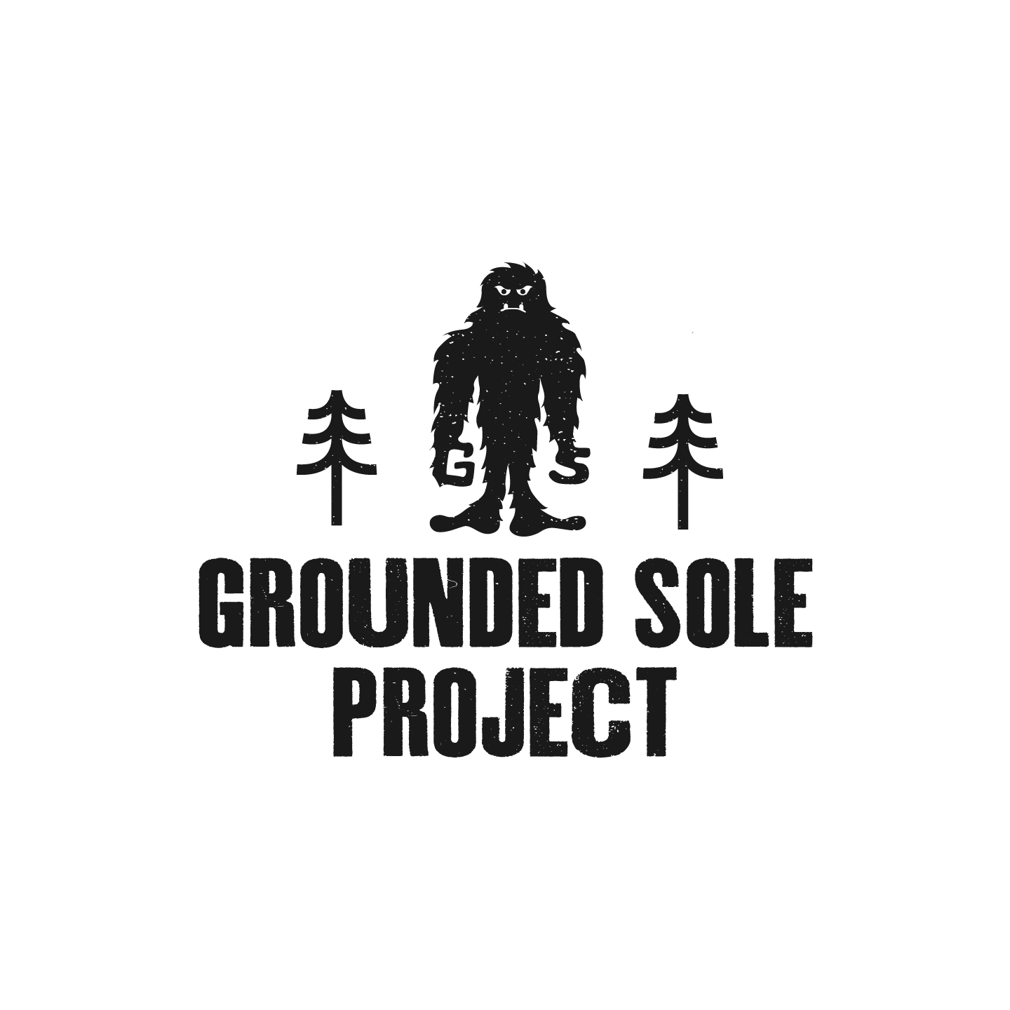 Logo for Grounded Sole Project featuring a bigfoot figure between two pine trees with the project name below in bold black letters.