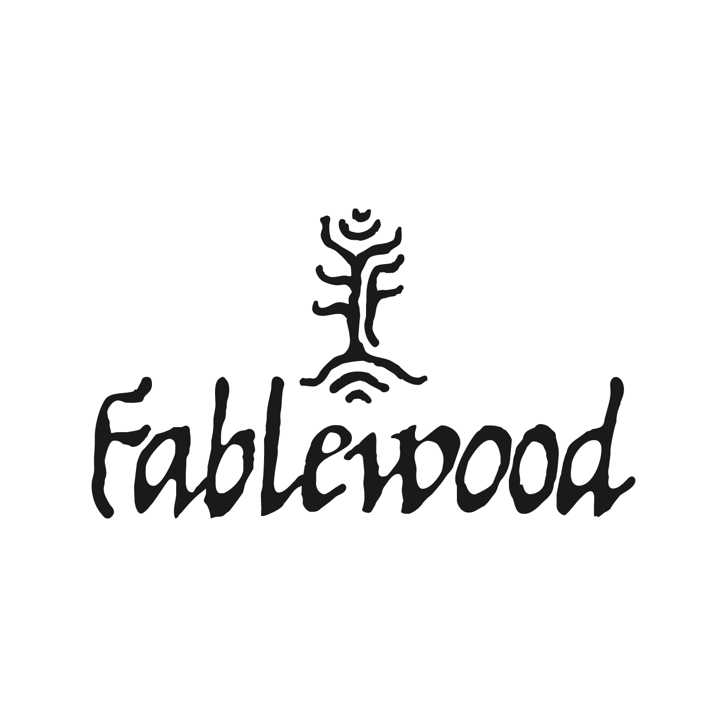Black and white logo with a stylized tree above the word "Fablewood" in a handwritten font.