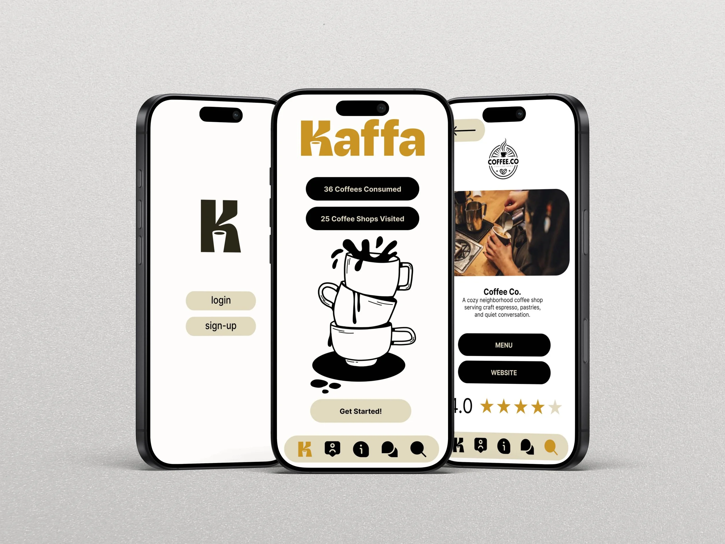 Three smartphones displaying a coffee shop app interface with the logo 'Kaffa,' buttons for login, sign-up, menu, and website, along with illustrations and photos related to coffee.