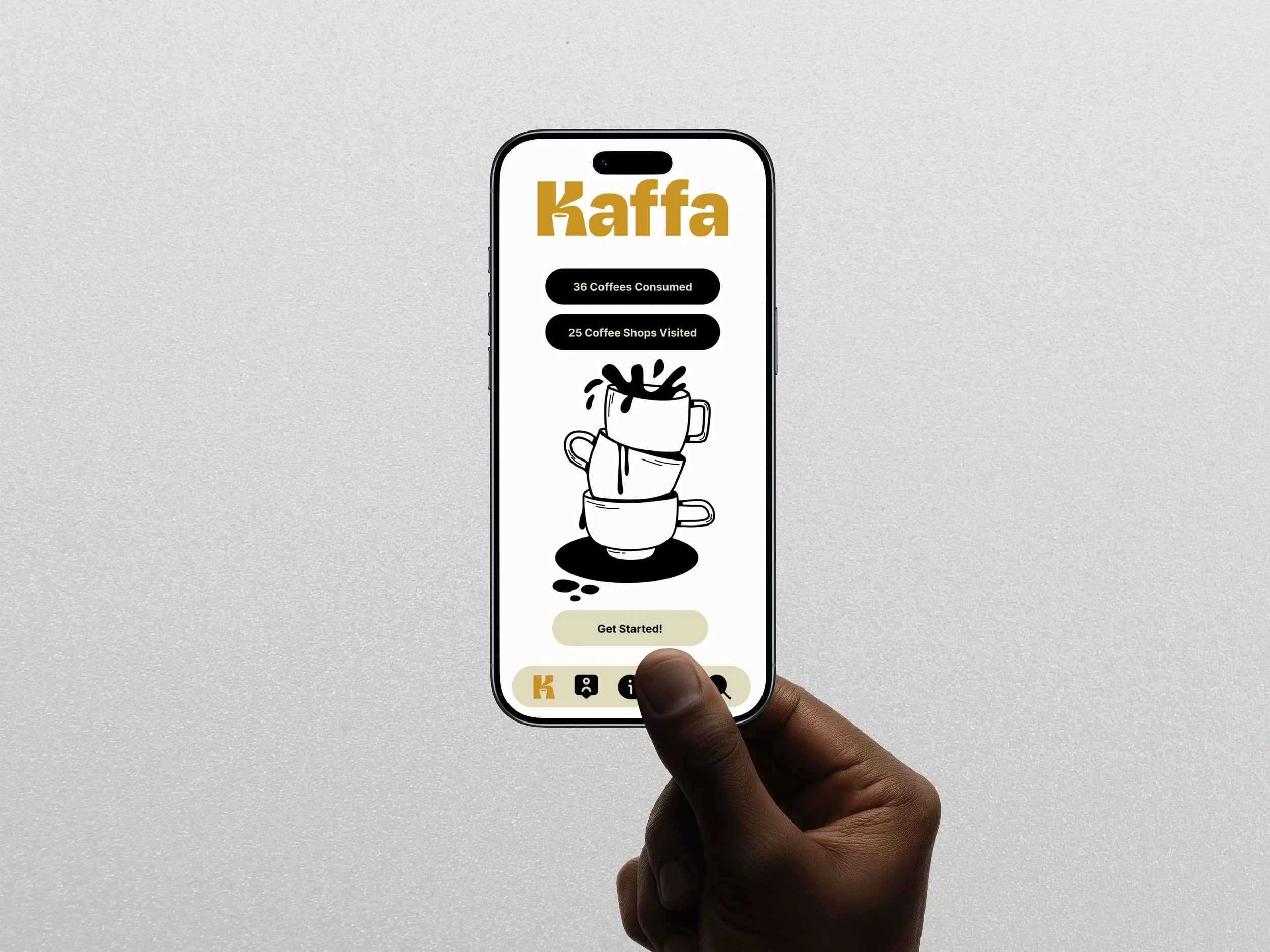 A person holding a smartphone displaying a coffee-themed app with the title 'Kaffa,' showing stats for coffees consumed and coffee shops visited, with an illustration of stacked coffee cups and a 'Get Started!' button.