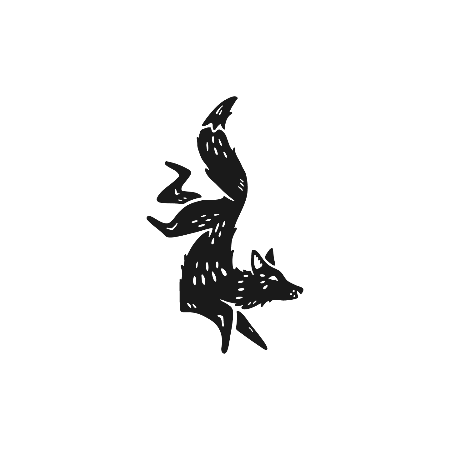 Black silhouette illustration of a fox with a tail curling upward.