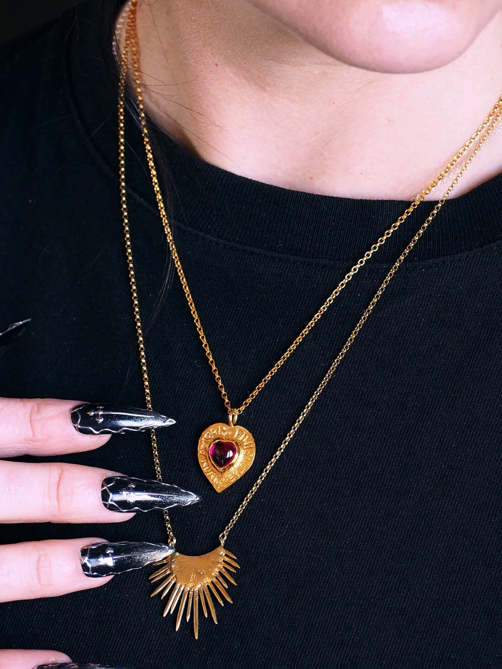 Amoris-Ruby-Heart-Necklace-Gold-Vermeil-worn-hand-to-chest-SLAB-Jewellery.jpg