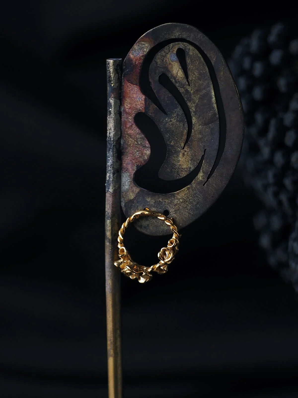Roserta-rose-wreath-earring-gold-vermeil-single-centre-close-SLAB-Jewellery.jpg