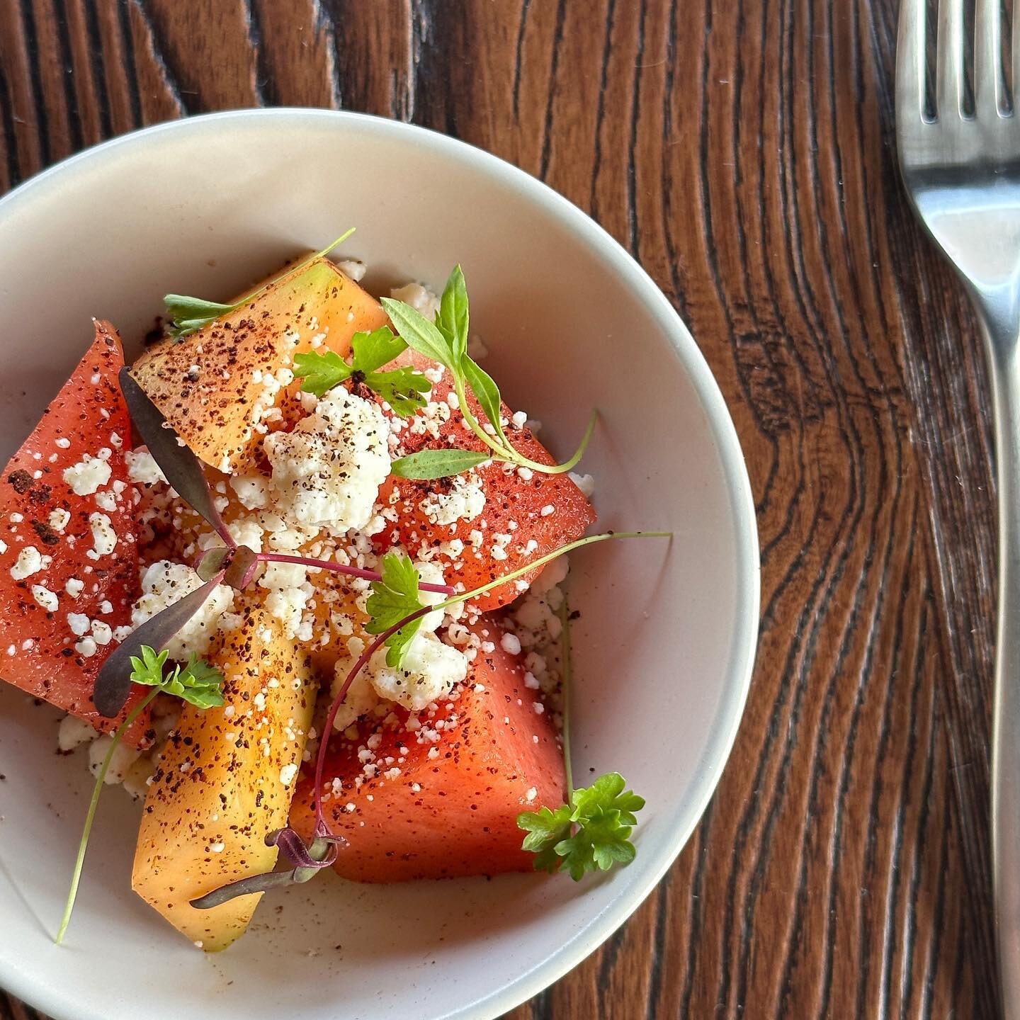 One of our favorite shareable side is the ensalada: a rotating, fresh salad. This variation is watermelon, cantaloupe, and cucumbers dressed in a light lime dressing, toasted with queso fresco, chile, and cilantro. It&rsquo;s the perfect side for the