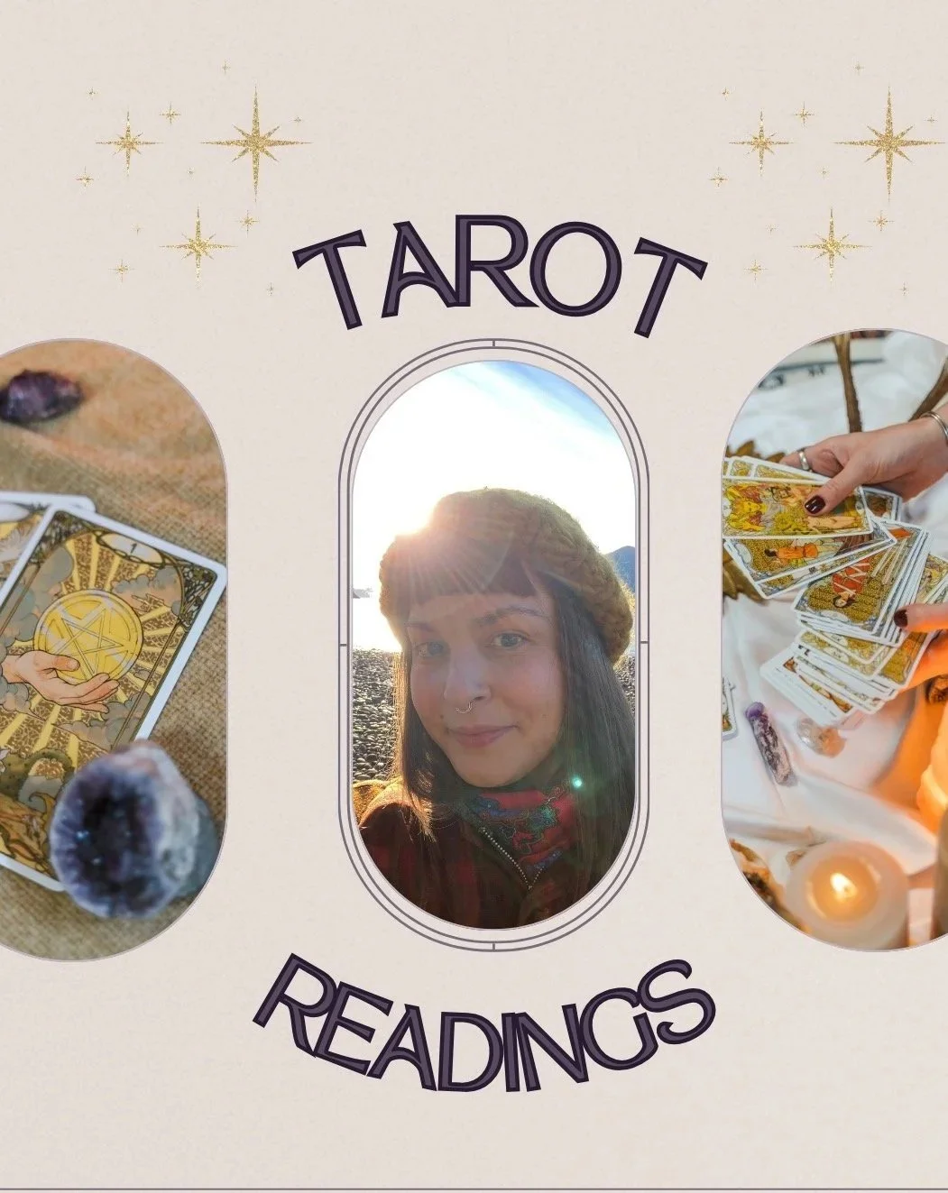 A person with a nose piercing and wearing a beanie, smiling in front of a window with sunlight, surrounded by images of tarot cards and candles, with the words "Tarot Readings" on a cream-colored background.