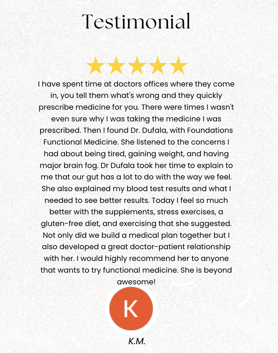 Five-star patient testimonial describing improved hormone balance, energy, and personalized functional medicine care.