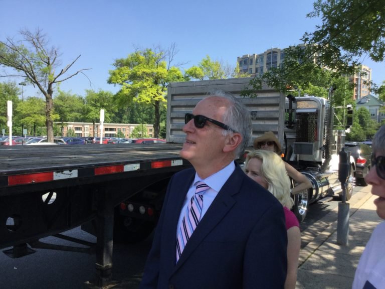 WMATA GM Paul Wiedefeld admires a new sculpture that will be added to Strathmore Square. | Douglas Tallman