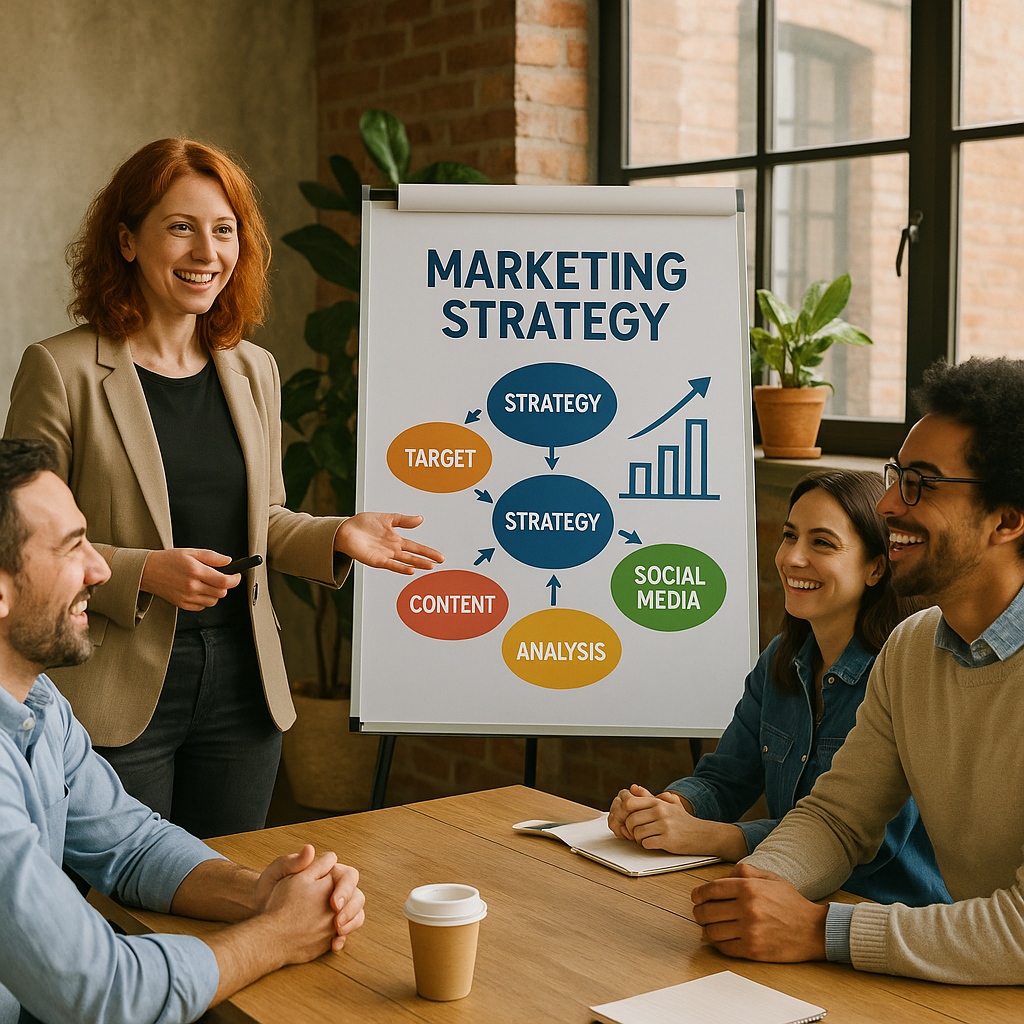A woman giving a presentation on marketing strategy to a group of four colleagues seated at a table, with a large diagram on a whiteboard.