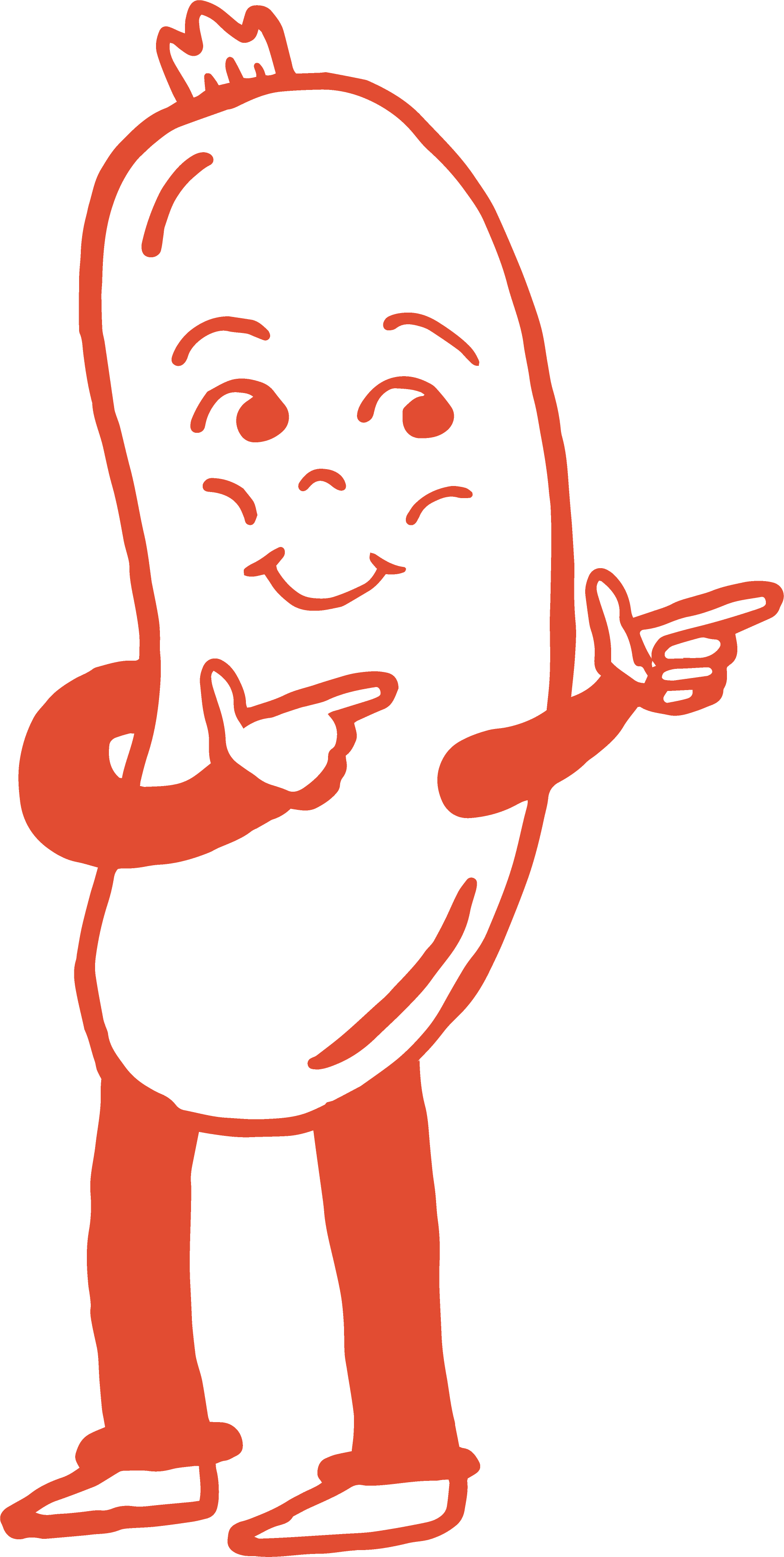 Frankie sausage pointing finger right.