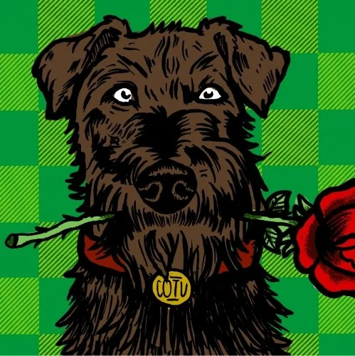 Dog holding rose | alumni wake Look's Beer