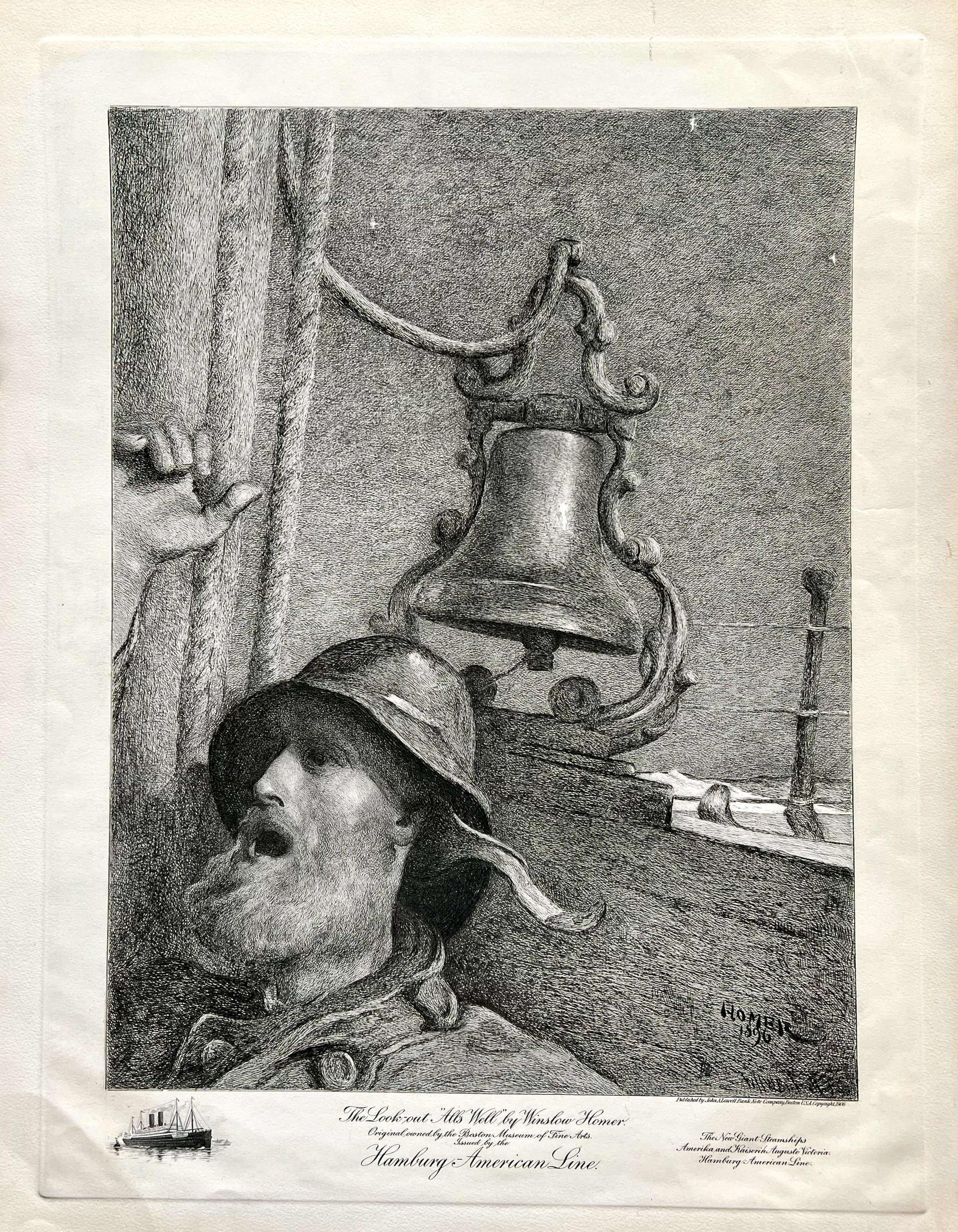 WINSLOW HOMER, 1836-1910. "All's Well", hand-pulled original etching, previously published by the John A. Lowell Bank Note Co, Boston, 1906, for the Hamburg-American Line. Based on the original painting in the collection of The Museum of Fine Arts, B