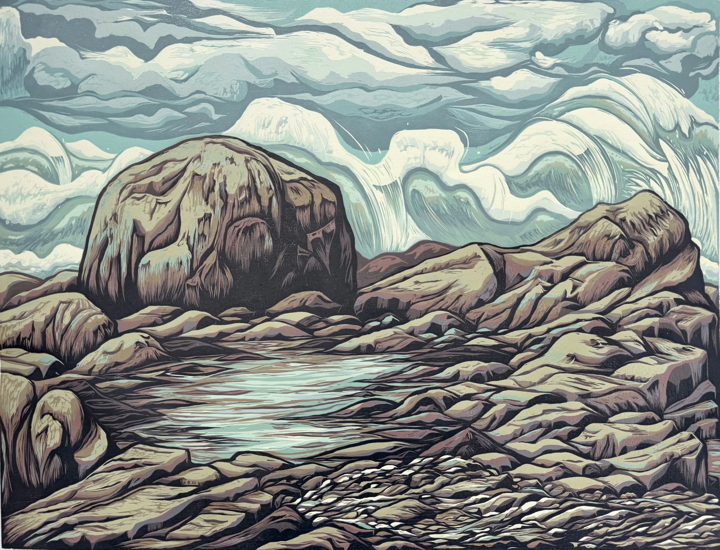 2026, Noon Tide, Rye Ledge - Reduction woodcut, edition 20, size 18 x 23.5 inches - $1,800
