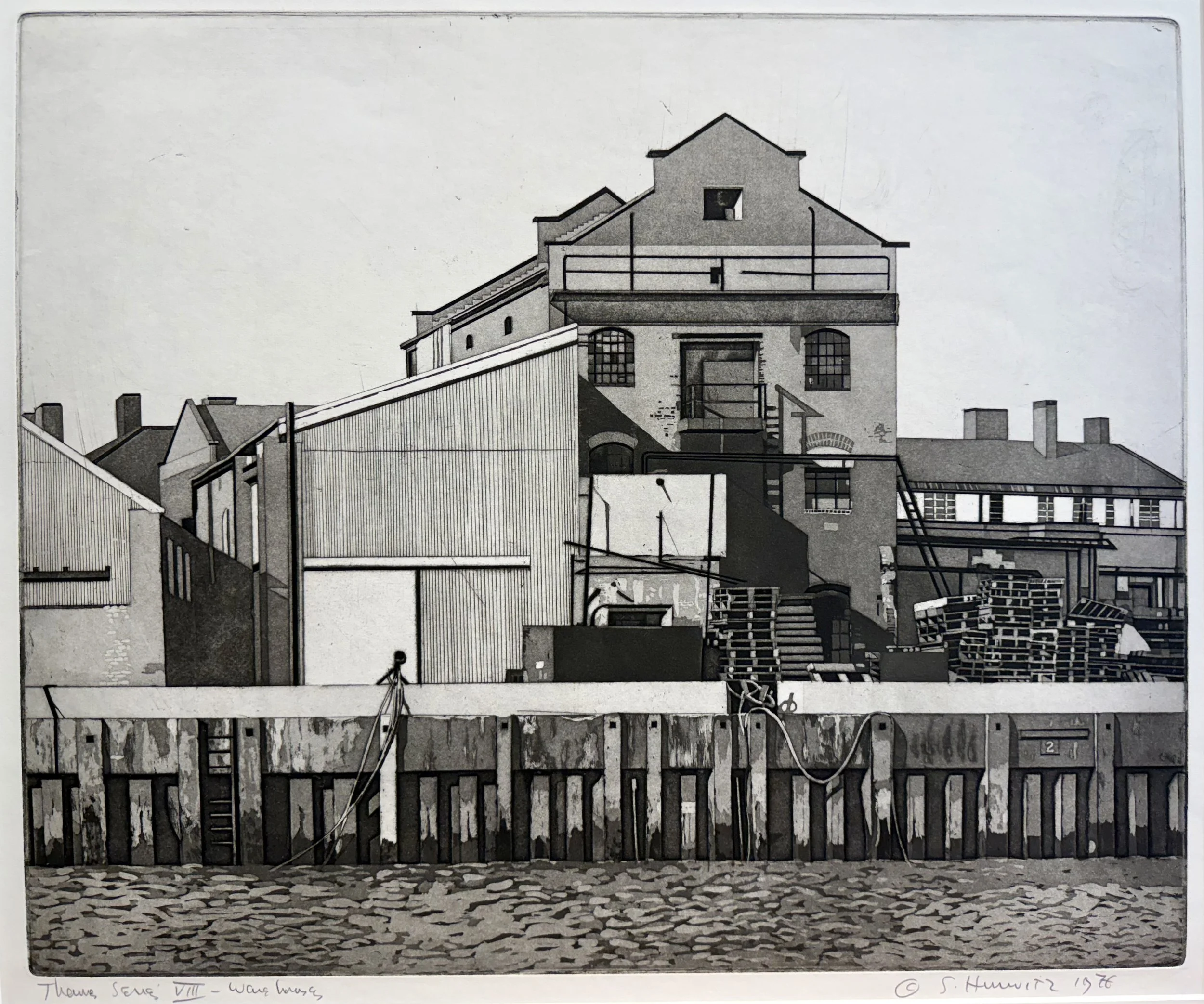 Thames Series VIII, Warehouses, black and white aquatint etching, plate mark 20 x 24 inches. $1000