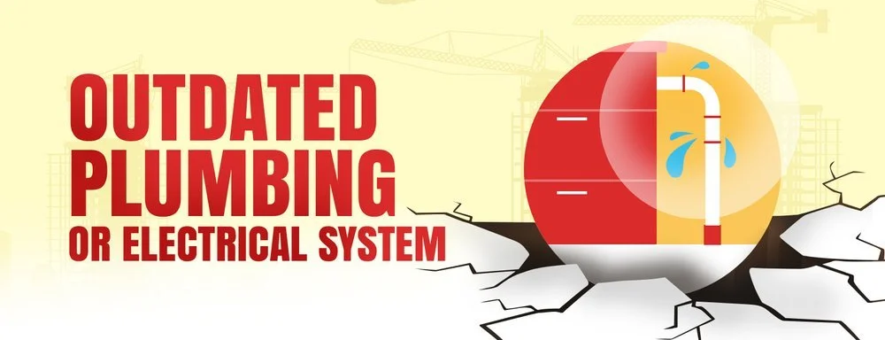 Outdated plumbing or electrical system graphic for fixer-upper buyers