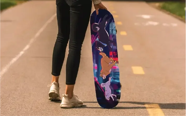 Lady with a skateboard with three illustrated dogs