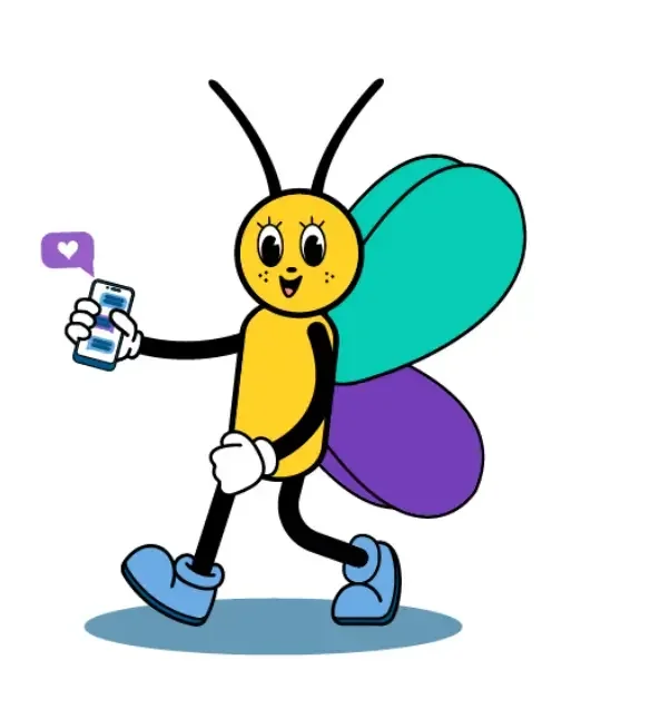 Animated bee character with rainbow-colored wings holding a smartphone and showing a purple heart notification.