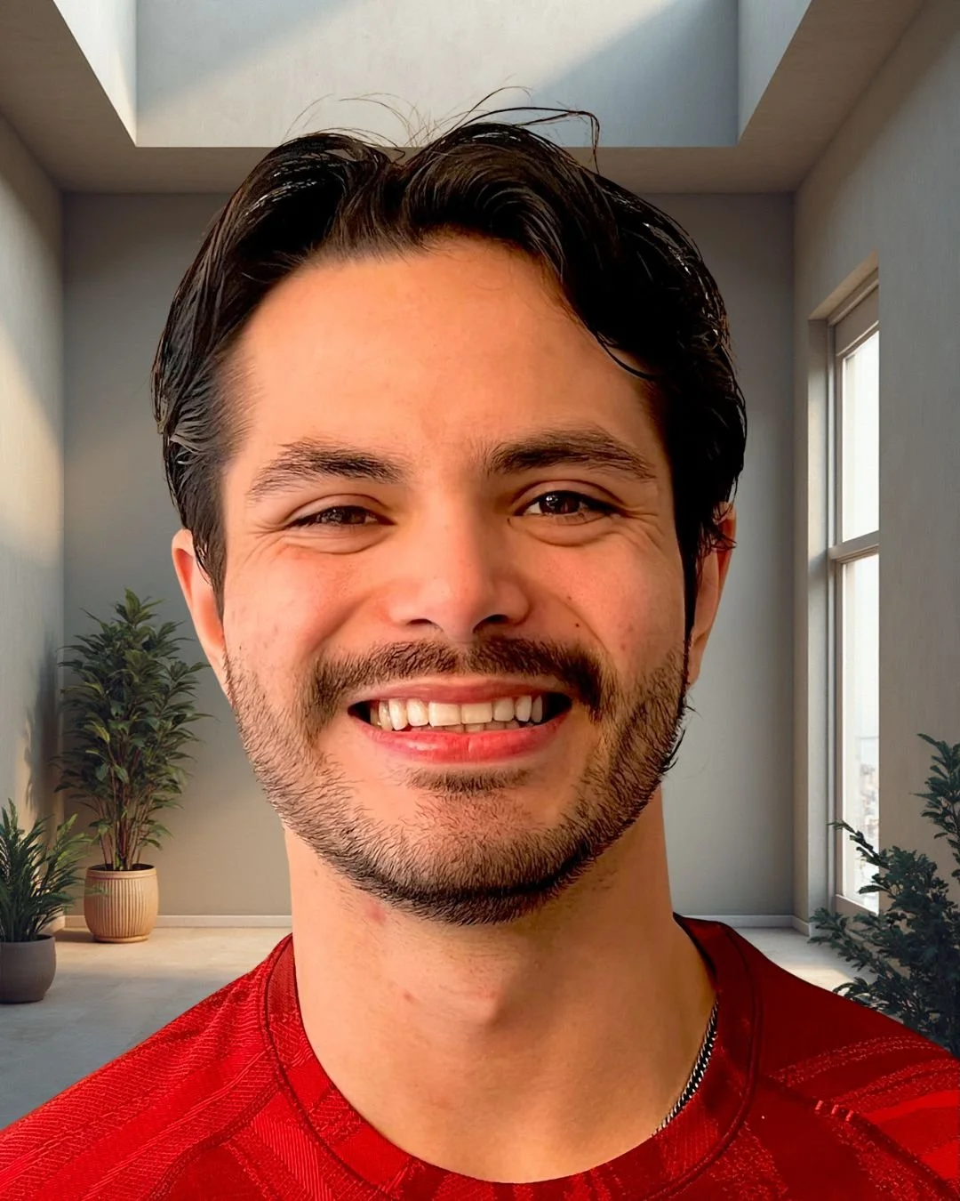 Smiling young man wearing a black Nike athletic shirt and a backward black cap, standing in a room with potted plants and a window, with a skylight in the ceiling.