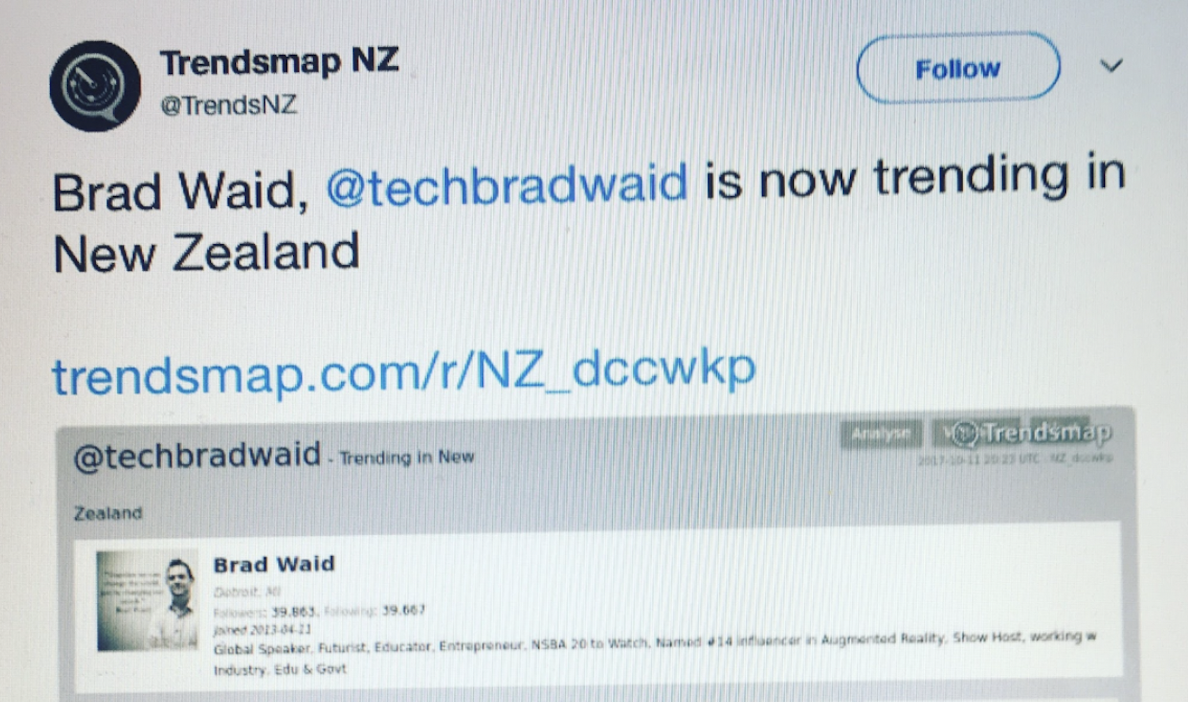 Notification - Brad "Trending" on Twitter in NZ