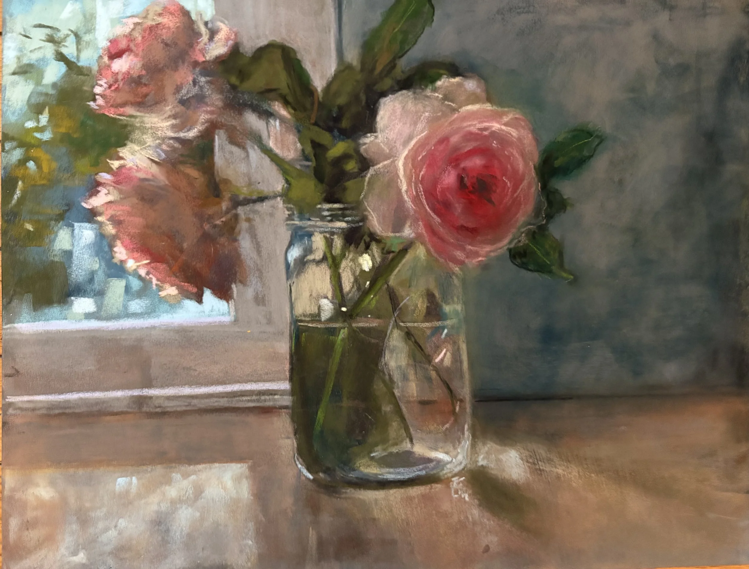 Pink Roses in glass jar  pastel
