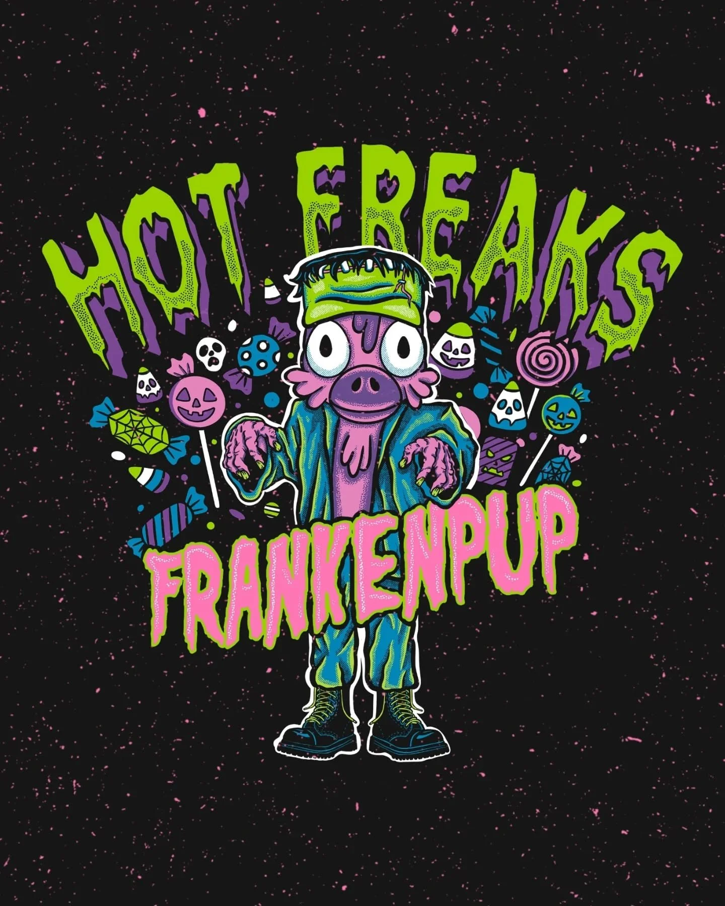 Fun little Halloween merch line for Hot Freaks featuring their pup mascot 🎃