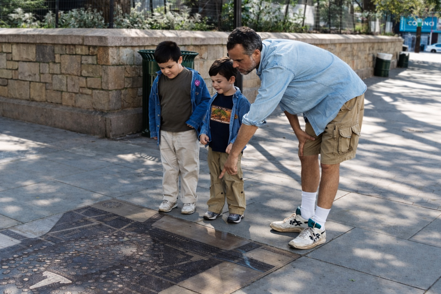 The timeline consists of twenty bronze panels inset into a block-long ellipse of bluestone pavers with inscribed dates.