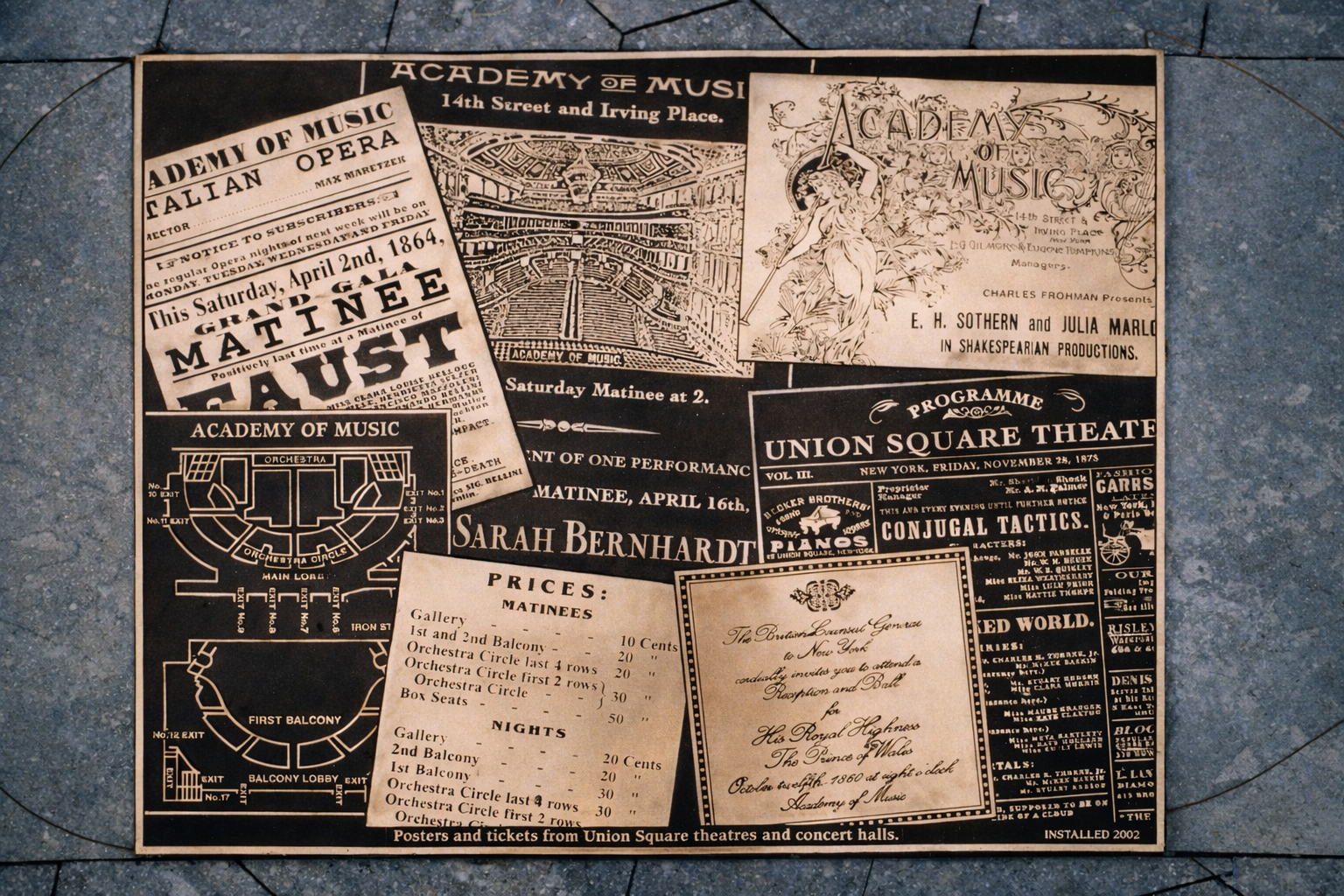 The imagery for many of the panels was appropriated from earlier artists who depicted events in the Square. Others reference days past, such as this panel which celebrates the Square as former home to many of NYC's theatres and concert halls.