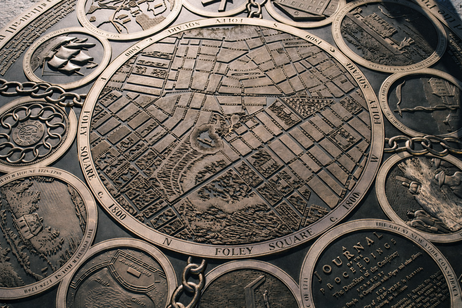 New York, NY
Five - 7' diameter bronze medallions are set in a two block long granite paving pattern connecting the different parts of Foley Square, home to Manhattan's many courthouses. RG Roesch Architecture and Landscape Architecture PC, concept a