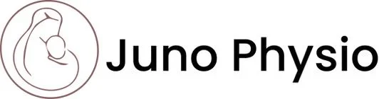 Logo for Juno Physio featuring a stylized outline of a pregnant woman with keypoints, alongside the text 'Juno Physio' in bold black font.
