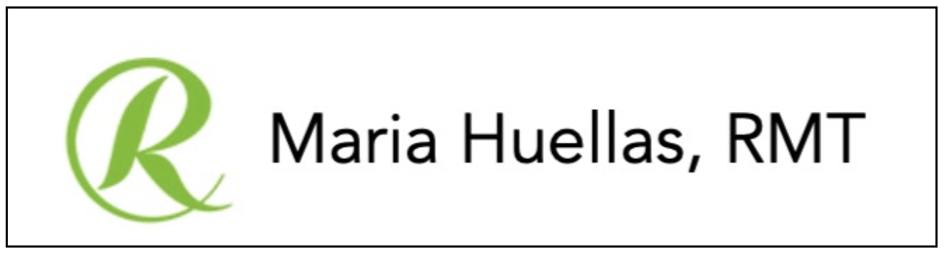 Logo with a green stylized letter 'R' and the text 'Maria Huellas, RMT'