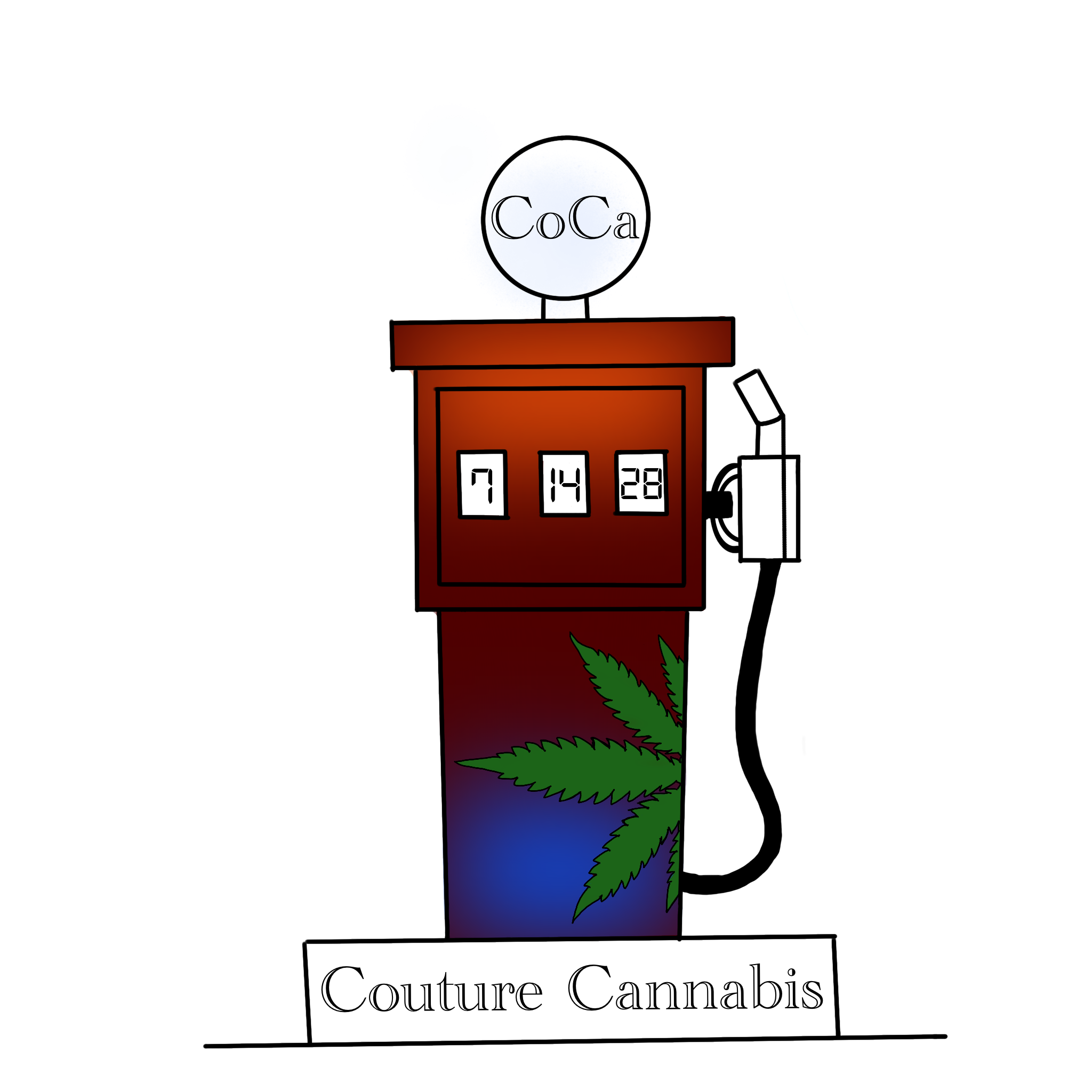 A cartoon-style gas pump with a cannabis leaf design on the lower section and a Coca-Cola sign on top, labeled 'Couture Cannabis' at the bottom.