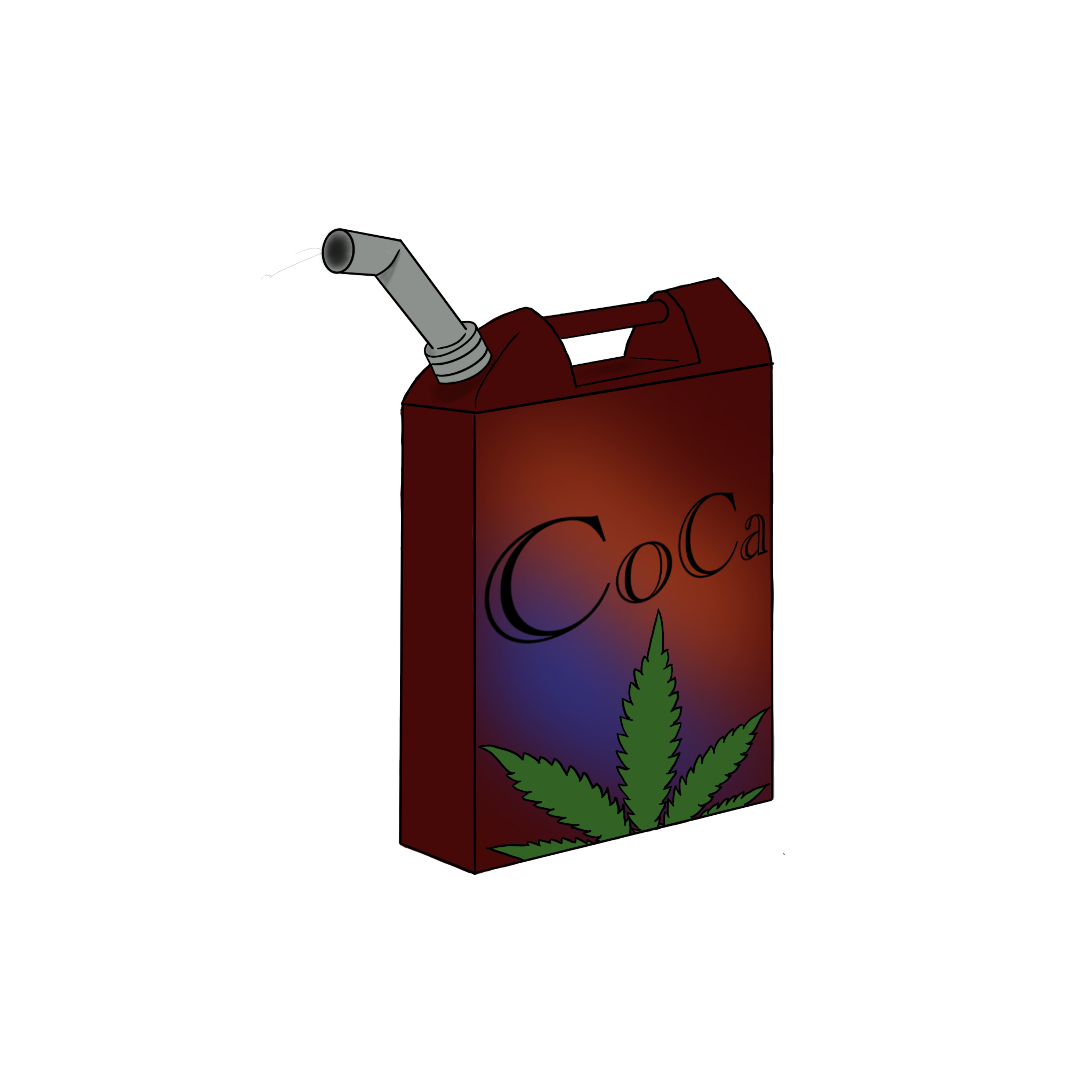 A cartoon-style gas tank labeled 'CoCa' with a marijuana leaf graphic on the front and a straw sticking out of the top.