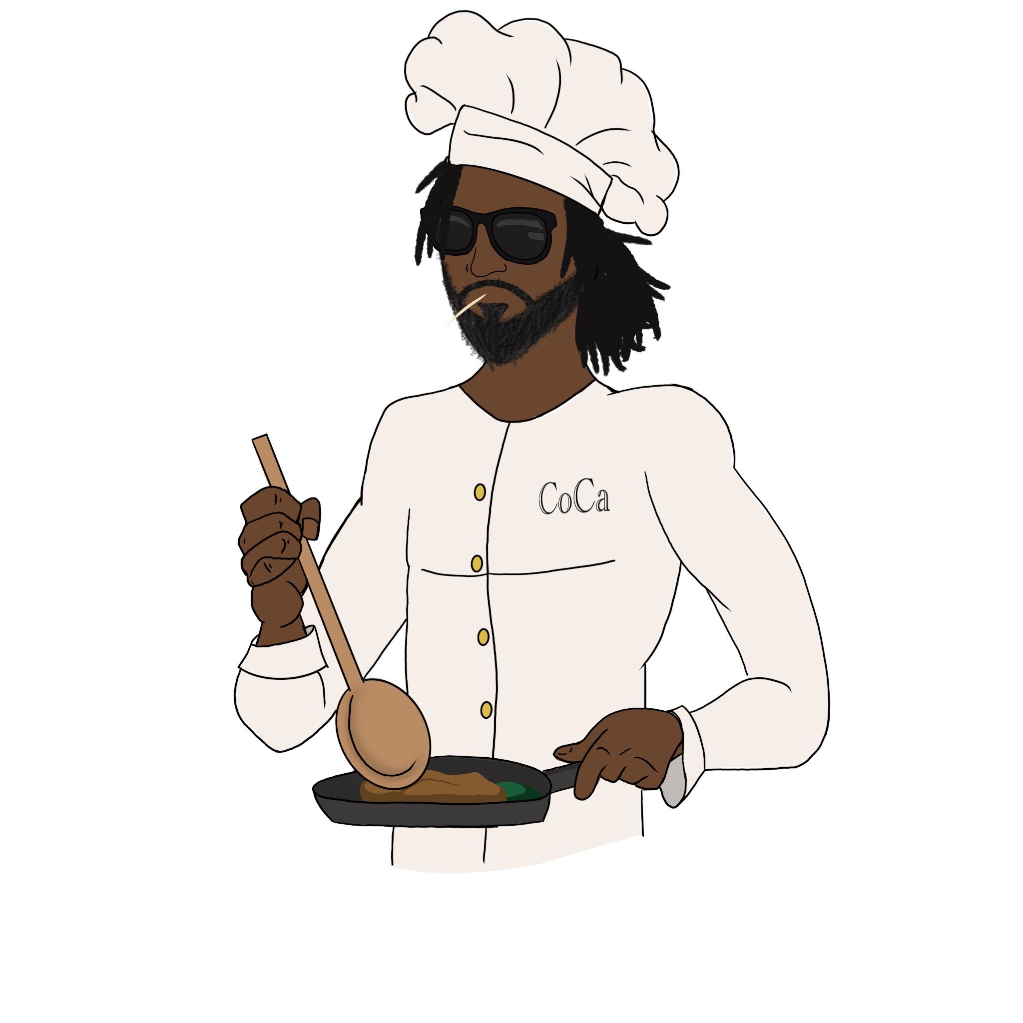 A cartoon man dressed as a chef with sunglasses and a chef's hat, holding a frying pan with food, wearing a white coat with 'CoCa' written on it.
