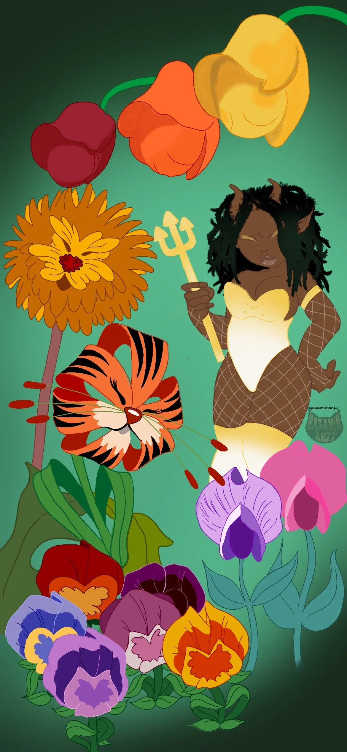 Digital illustration of a woman dressed as a devil with horns, holding a trident, surrounded by colorful flowers and a butterfly. The background is a gradient green.