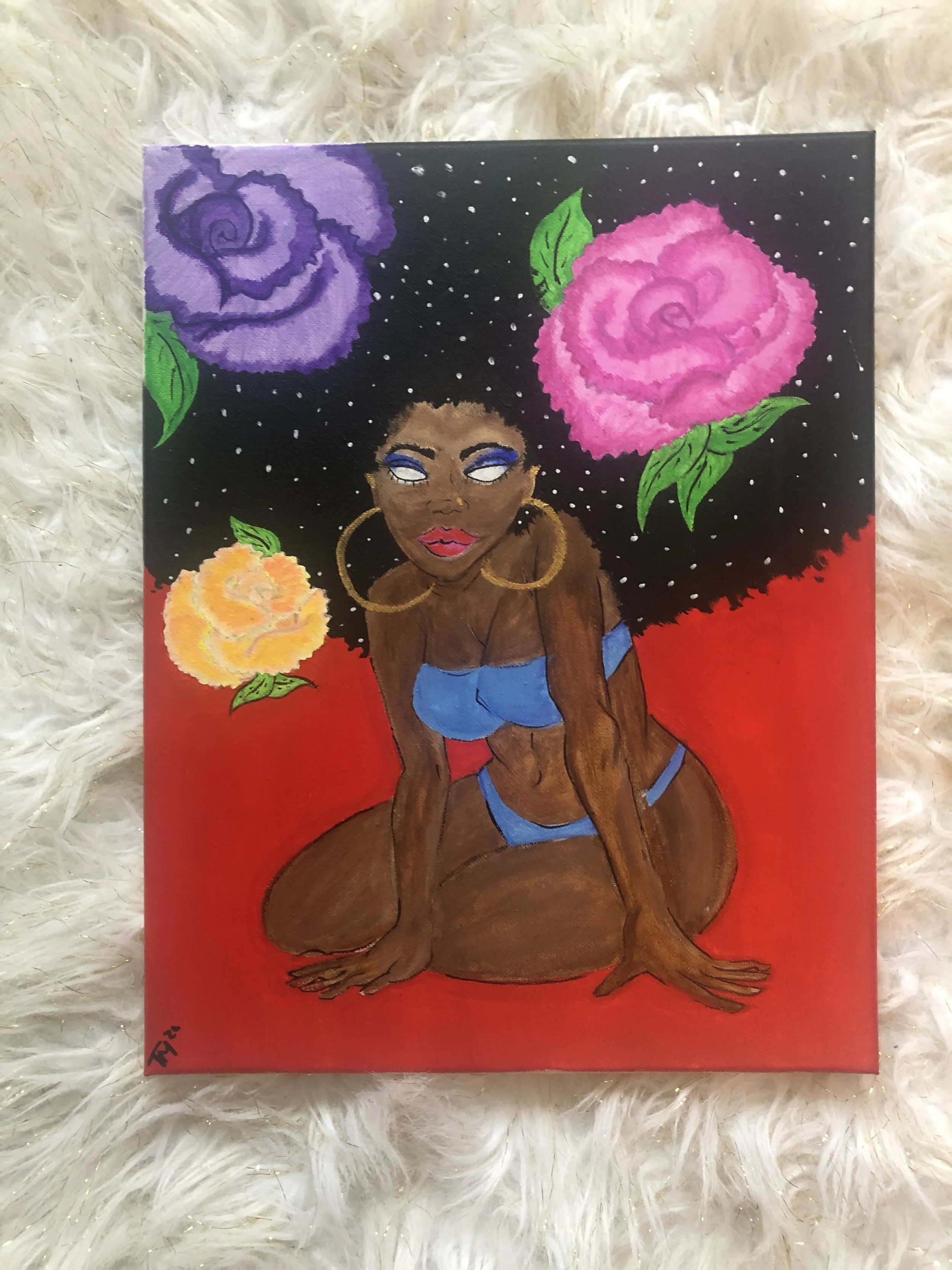 Painting of a woman with dark skin, curly hair, wearing blue lingerie, gold hoop earrings, and blue eyeshadow, sitting on the ground surrounded by large, colorful flowers and a starry background.