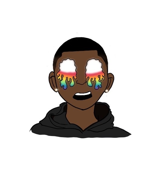 Cartoon avatar of a person with short black hair, dark skin, wearing a black hoodie, with tears of rainbow-colored fire coming from their eyes.