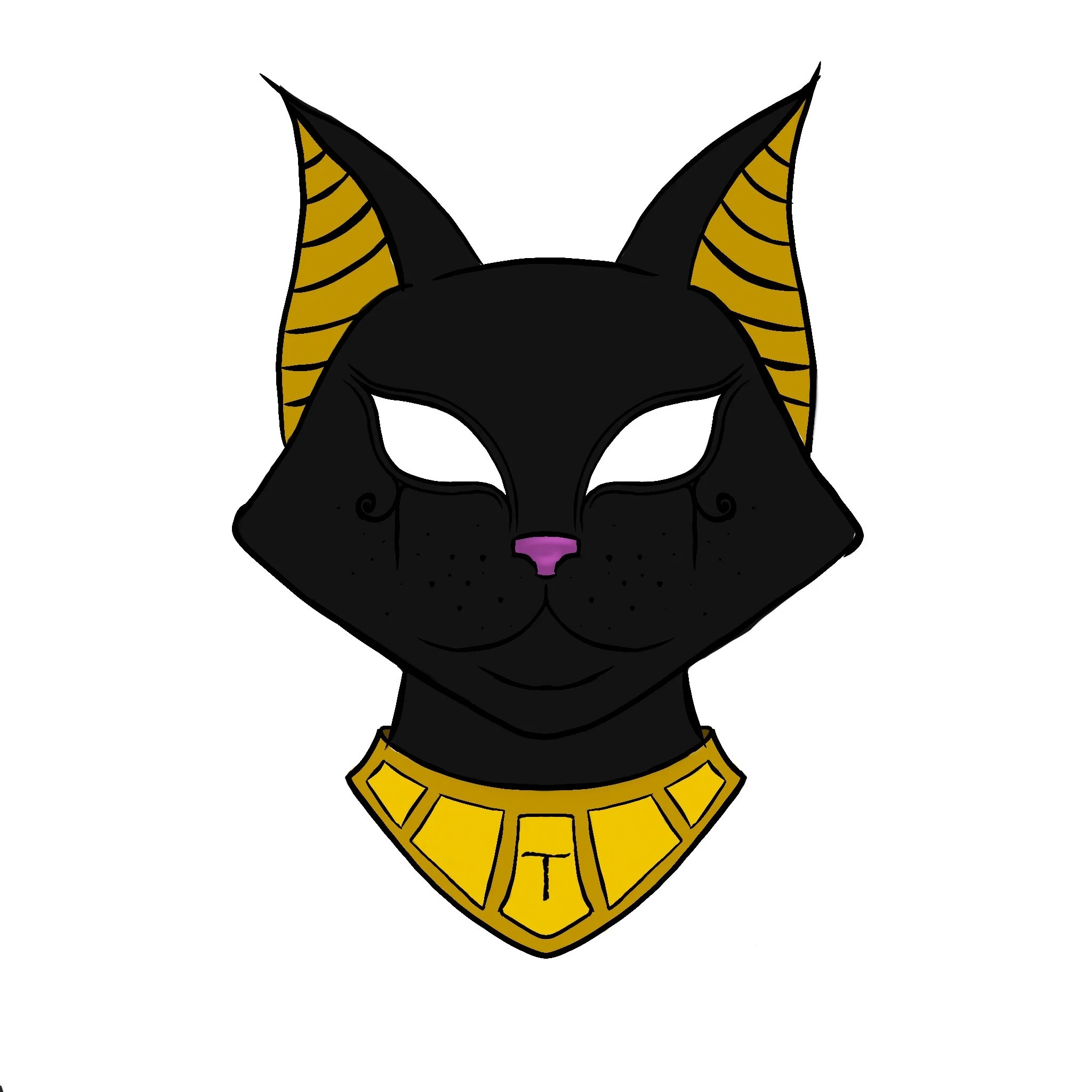 Digital illustration of a black cat with gold striped horns, a gold collar, and a purple nose.