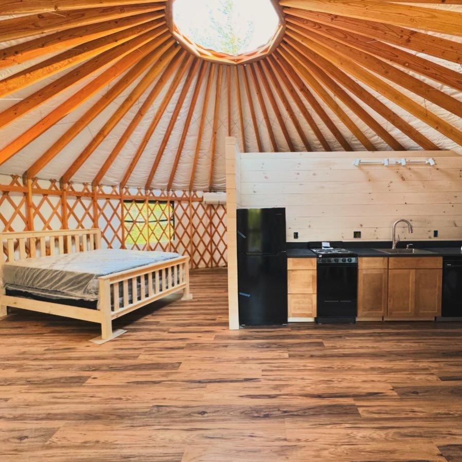 There has been lots of progress on finishing our yurts and it&rsquo;s all coming together so well! Here is just a sneak peek 💛 more furniture and finishing touches are coming soon!! Visit our website to make a reservation to stay with us this summer