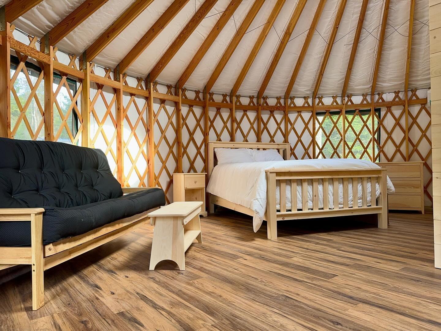 Our yurts are most comfortable for a couple or small family&mdash; with one queen sized bed and a futon couch that can provide an extra bed for little ones.