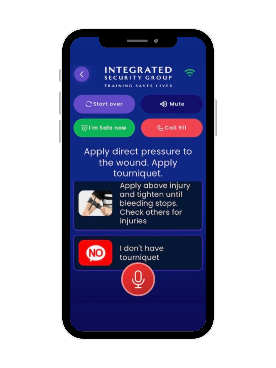 Shooter On Scene™ app screen displaying emergency response options and guided prompts during an active threat.