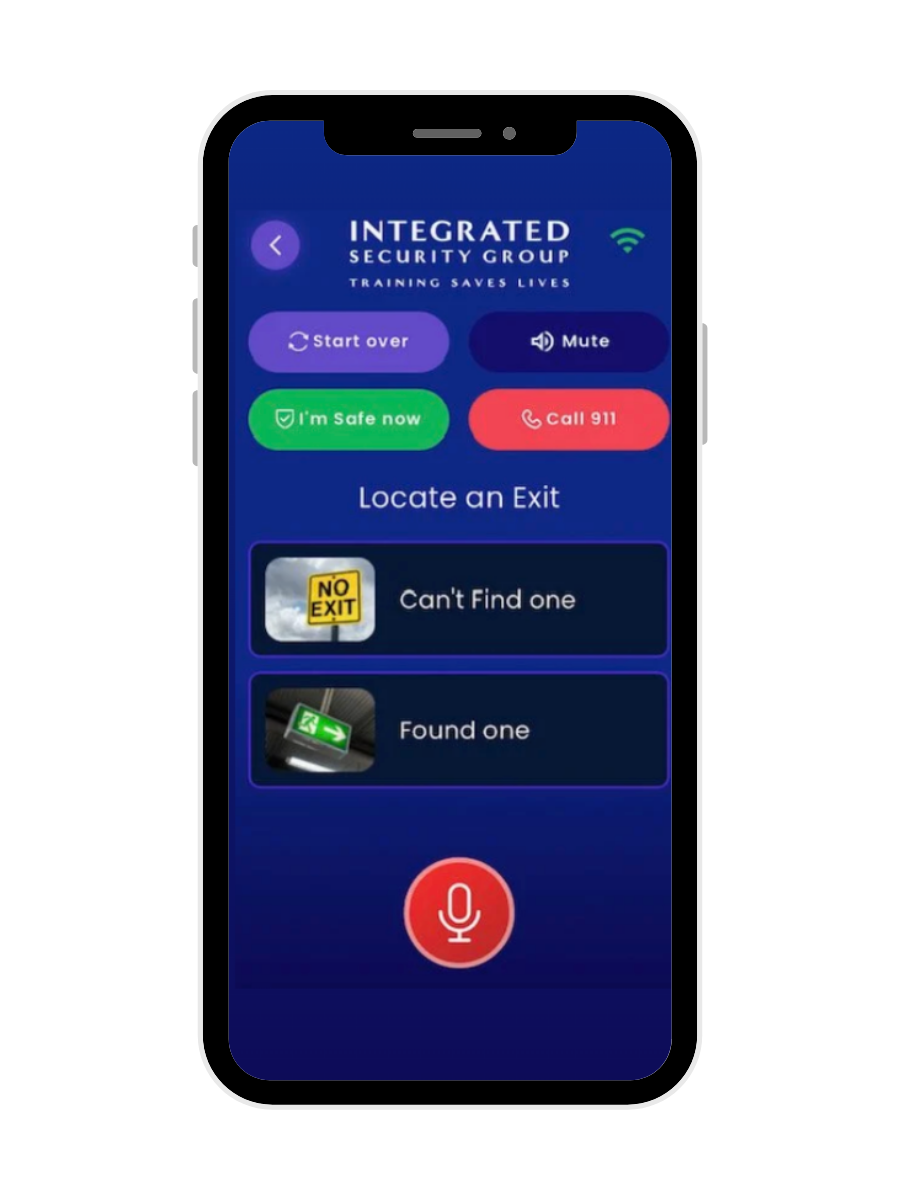 Shooter On Scene™ app screen displaying emergency response options and guided prompts during an active threat.