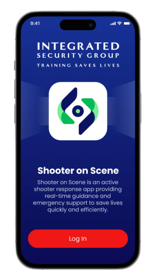 Shooter On Scene™ app welcome screen with a login button for accessing emergency response guidance.