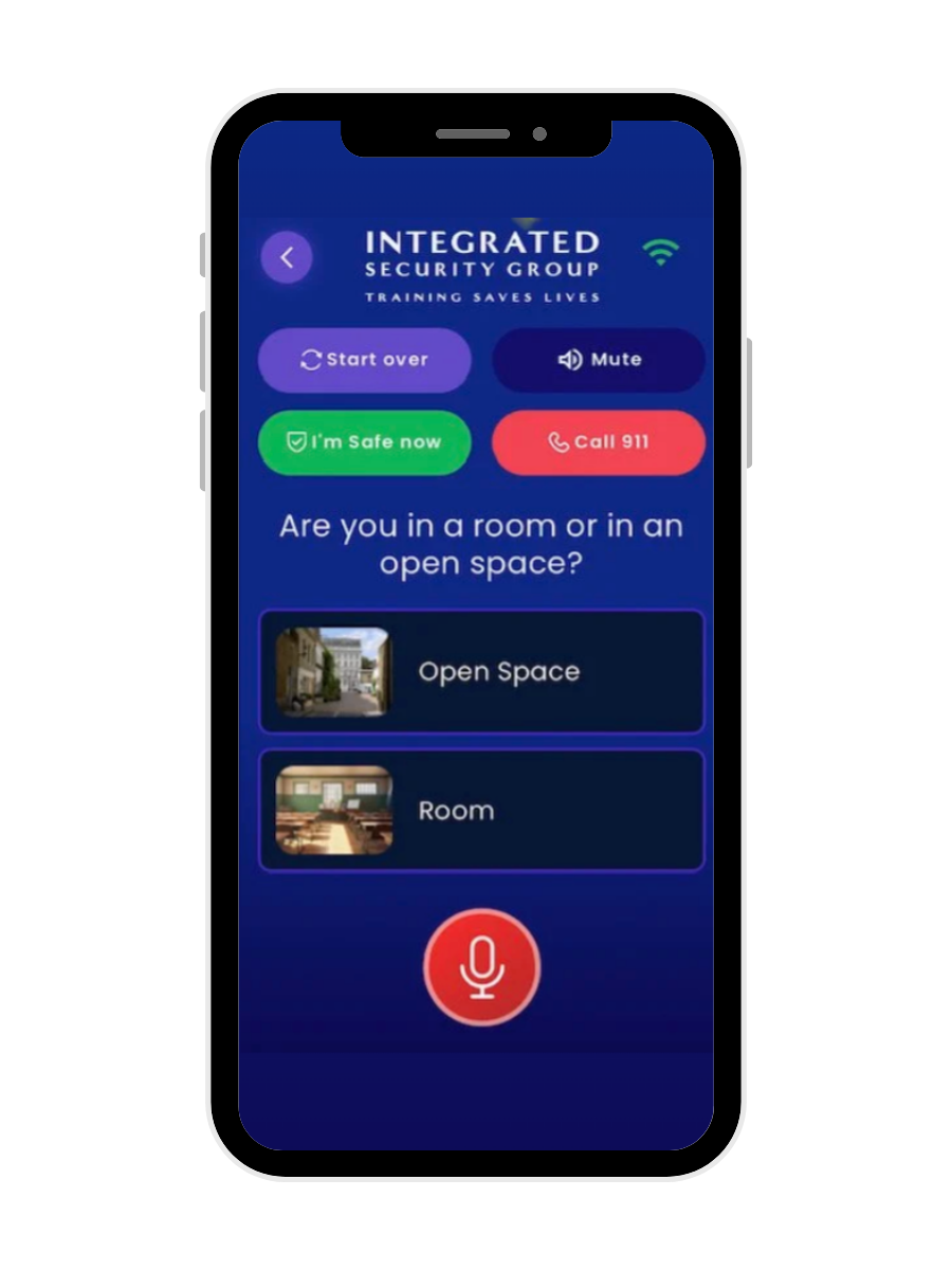 Shooter On Scene™ app screen displaying emergency response options and guided prompts during an active threat.