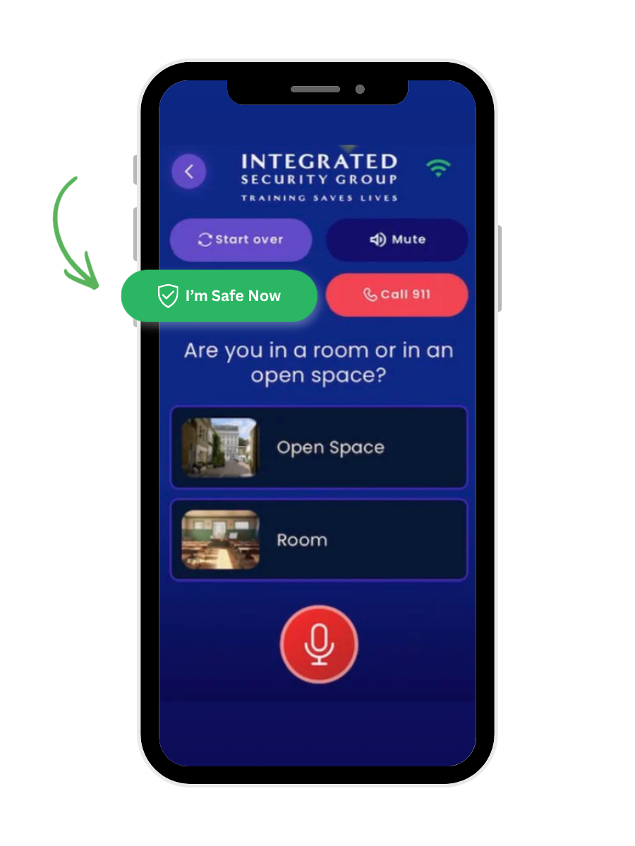 Shooter On Scene™ app highlighting the "I'm Safe Now" feature, allowing users to quickly report their safety status during an emergency.