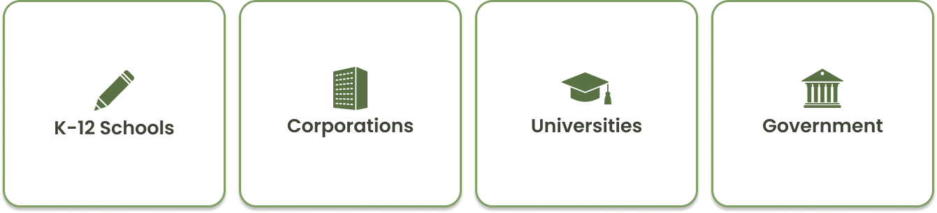 Four illustrated cards representing the industries served by ISG's security audit and assessment services: K–12 schools, corporations, universities, and government organizations.