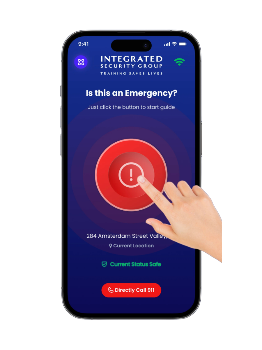 Shooter On Scene™ app home screen with one-touch emergency activation and direct access to emergency guidance.